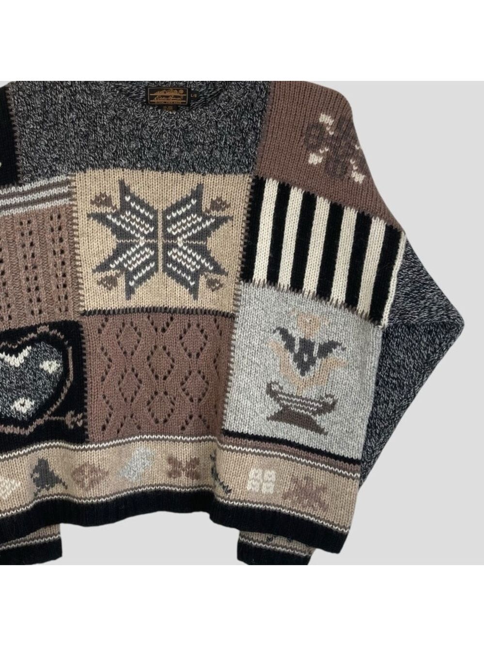 Vintage Eddie Bauer Patchwork Cable Crochet Knit Sweater Cozy Nordic Design Sz.L - Picture 6 of 12
